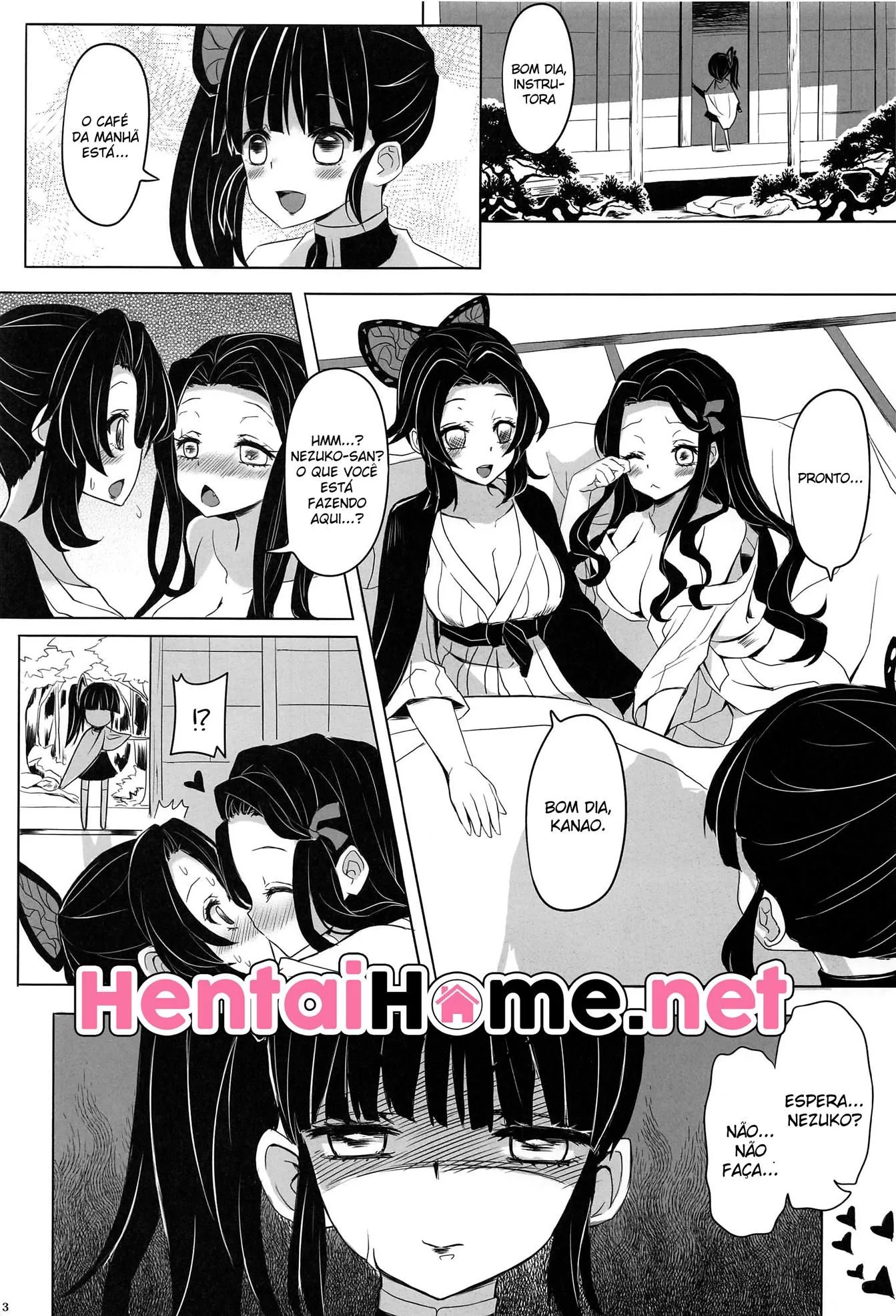 Nezuko Safada Parte III: Orgasmos Múltiplos com Shinobu e Kanao em Hentai HQ Brasileiro