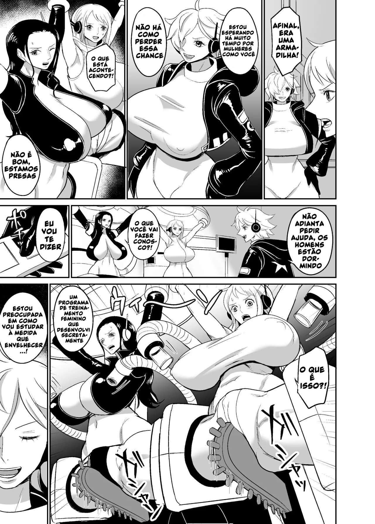 Piranhas de One Piece em Orgia na Máquina de Estupro - Nami e Nico Robin Devassas Levando Rola em HQ Brasileira de Hentai